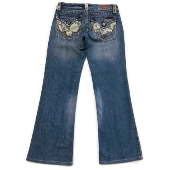 Miss Me Flare Boho Lace Festival Distress Jeans 27 - Picture 4 of 7